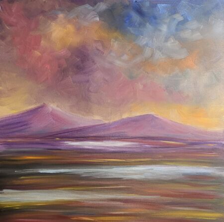 Danielle Art Original Acrylic and Oil Paintings Whispers of Dusk: Serene dusk-inspired art depicting mountains under a colorful, abstract sky.