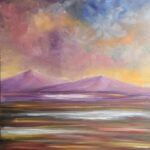 Whispers of Dusk landscape painting with purple hills and a colourful twilight sky.