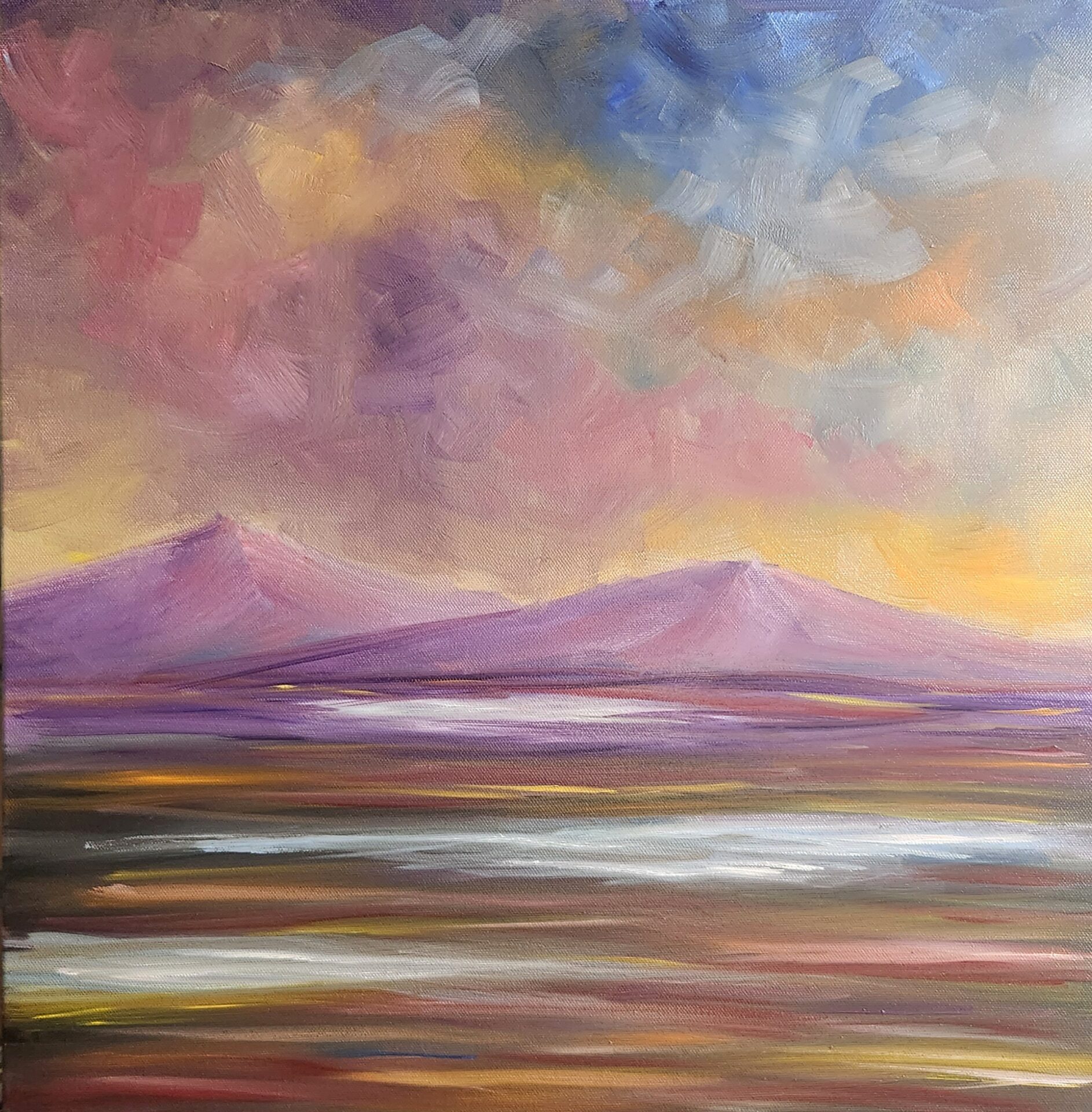 Danielle Art Original Acrylic and Oil Paintings Whispers of Dusk: Serene dusk-inspired art painting of purple mountains and colorful sky