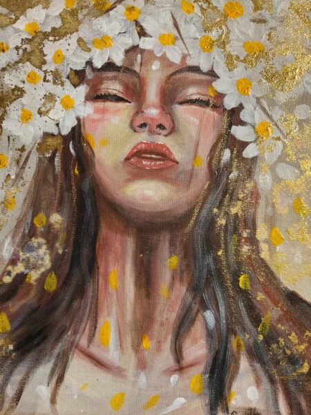 Danielle Art Original Acrylic and Oil Paintings Woman in daisy crown, eyes closed, gold accents. Danielle Siauw painting.