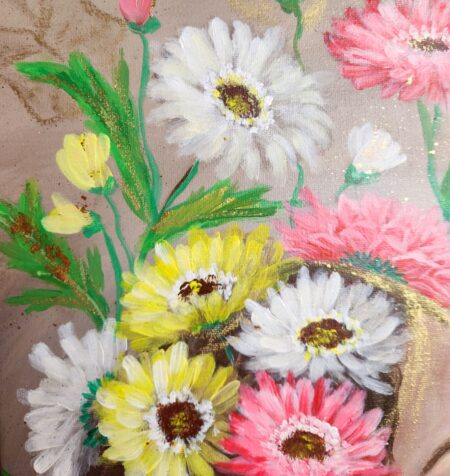 Danielle Art Original Acrylic and Oil Paintings Colorful daisy bouquet painting, white, yellow, pink flowers.