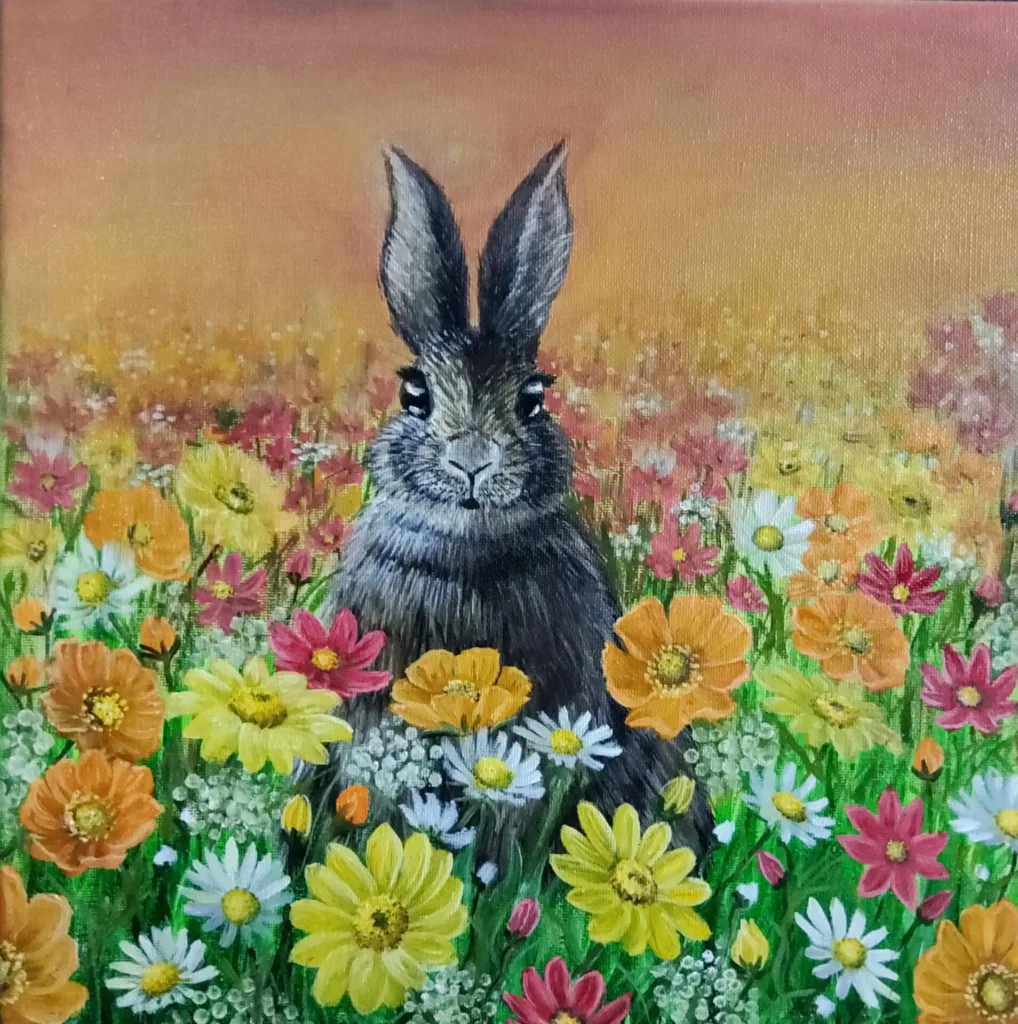 A Hare?s Daydream painting of a hare sitting among wildflowers at sunset.
