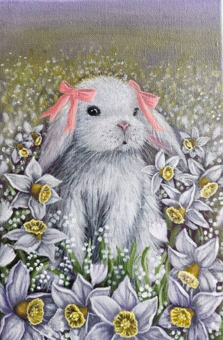 Danielle Art Original Acrylic and Oil Paintings Daydreamers: A Bunny's Daydream. Painting of a white bunny with pink bows among white daffodils and small white flowers.