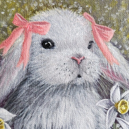 Danielle Art Original Acrylic and Oil Paintings Daydreamers: A Bunny's Daydream painting. A cute bunny with pink bows and white flowers.