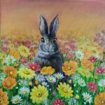 A Hare?s Daydream painting of a hare sitting among wildflowers at sunset.