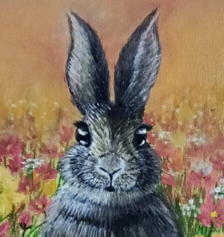 Danielle Art Original Acrylic and Oil Paintings Painting of a grey bunny rabbit with long ears in a field of flowers.