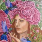 Freedom Girl Flight of Emancipation painting with a woman, peonies and hummingbirds.