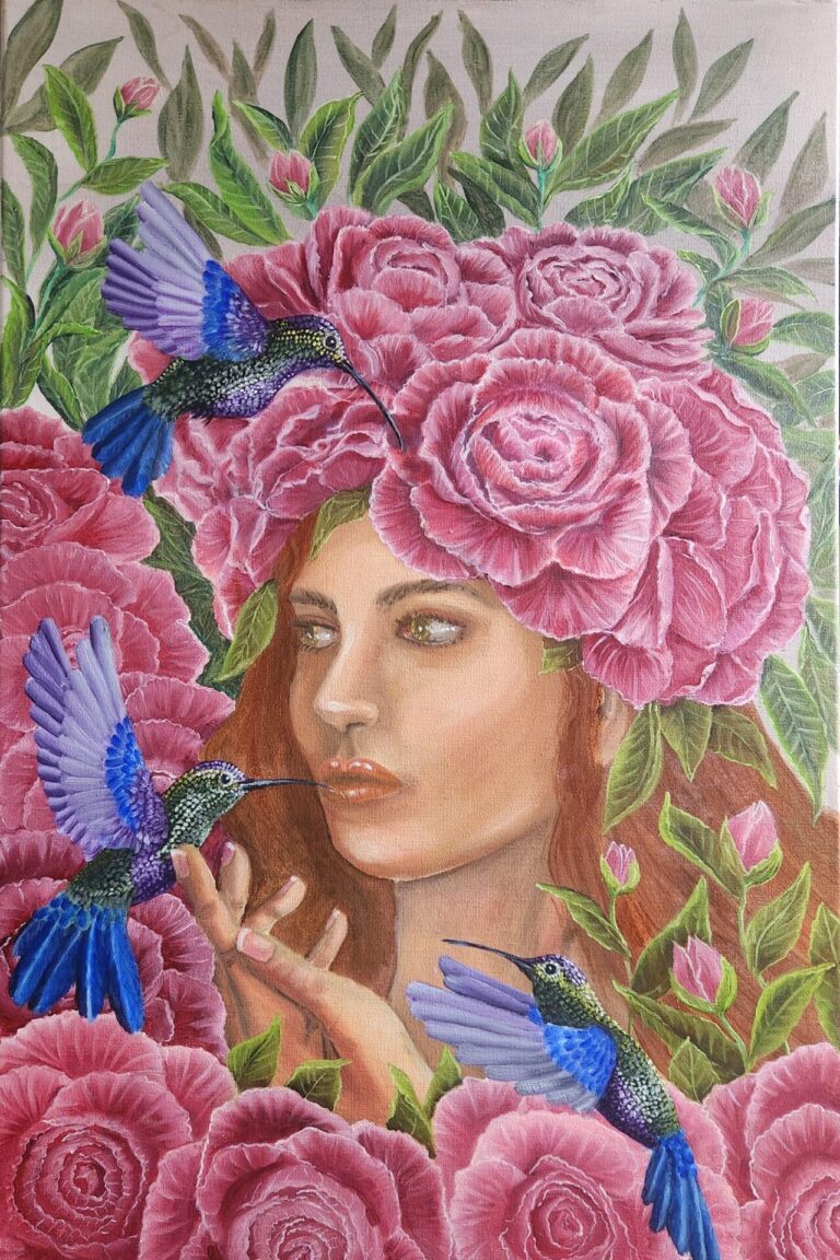 Danielle Art Original Acrylic and Oil Paintings Woman with flower crown surrounded by roses and hummingbirds.