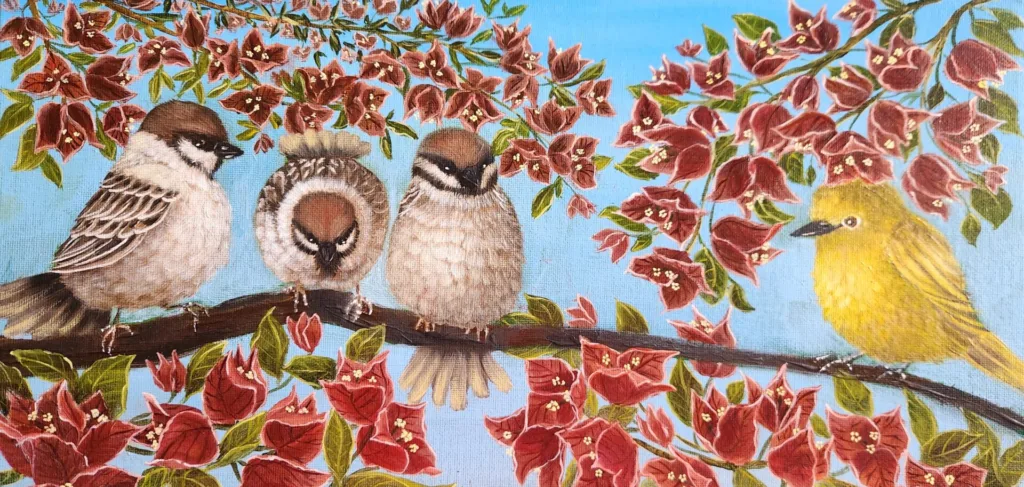 Same Same but Different bird painting with sparrows and one yellow bird on a flowering branch.