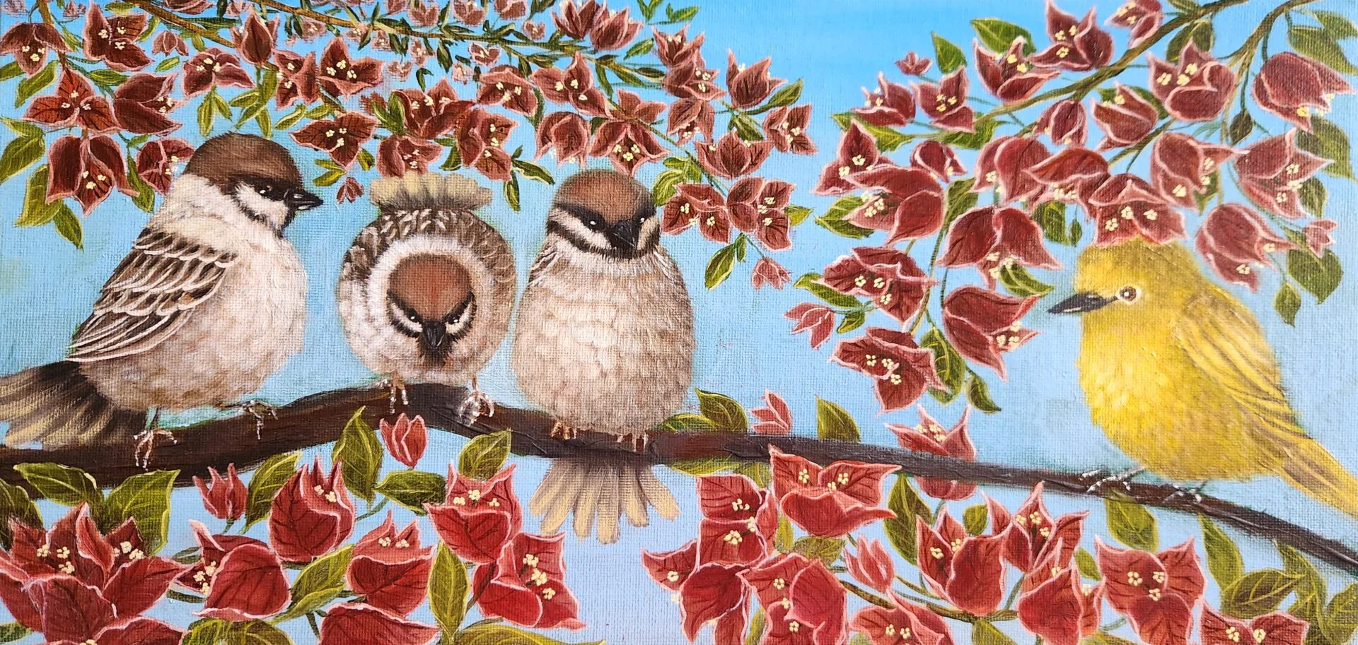 Same Same but Different bird painting with sparrows and one yellow bird on a flowering branch.