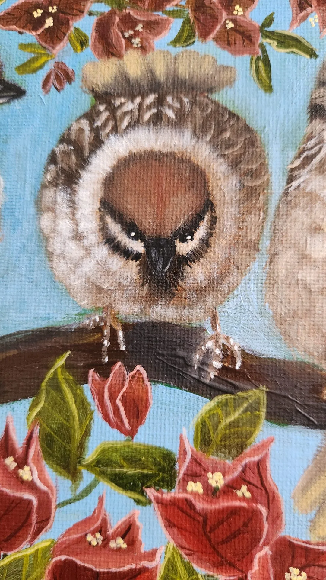 Danielle Art Original Acrylic and Oil Paintings Painting of an angry-looking sparrow perched on a branch amongst red flowers and green leaves.