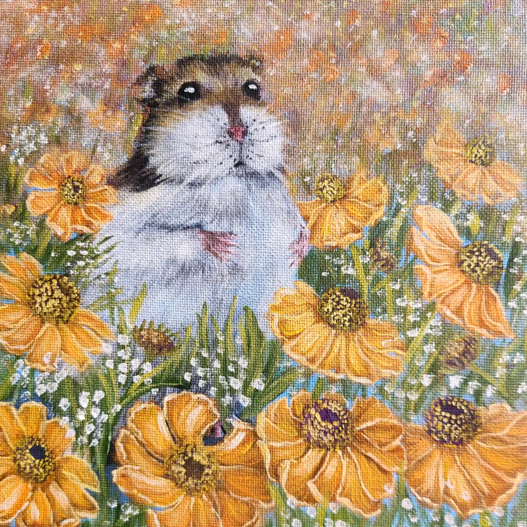 Hamster?s Daydream painting of a small hamster among golden wildflowers.