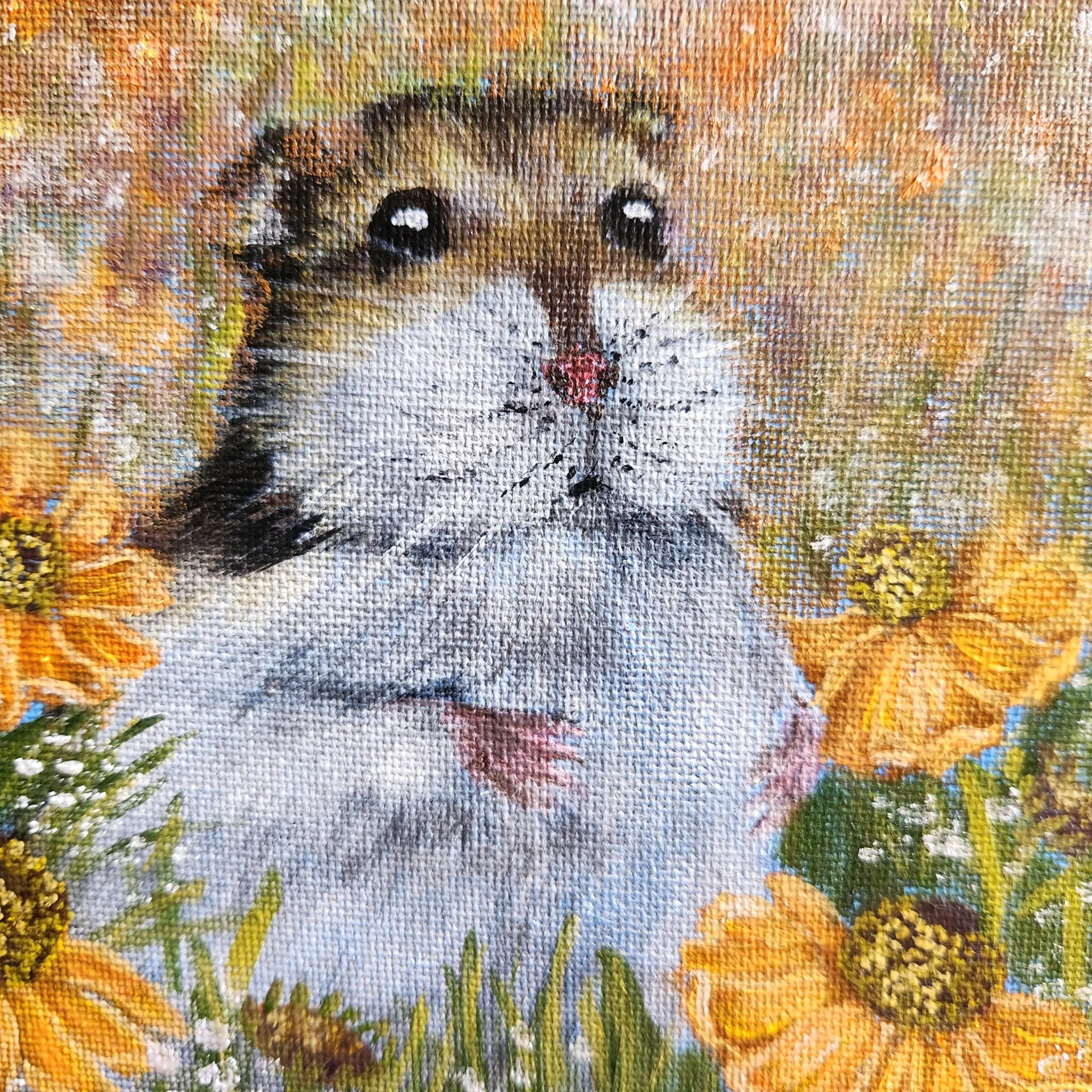 Danielle Art Original Acrylic and Oil Paintings Hamster's Daydream: Painting of a cute hamster surrounded by vibrant yellow sunflowers.