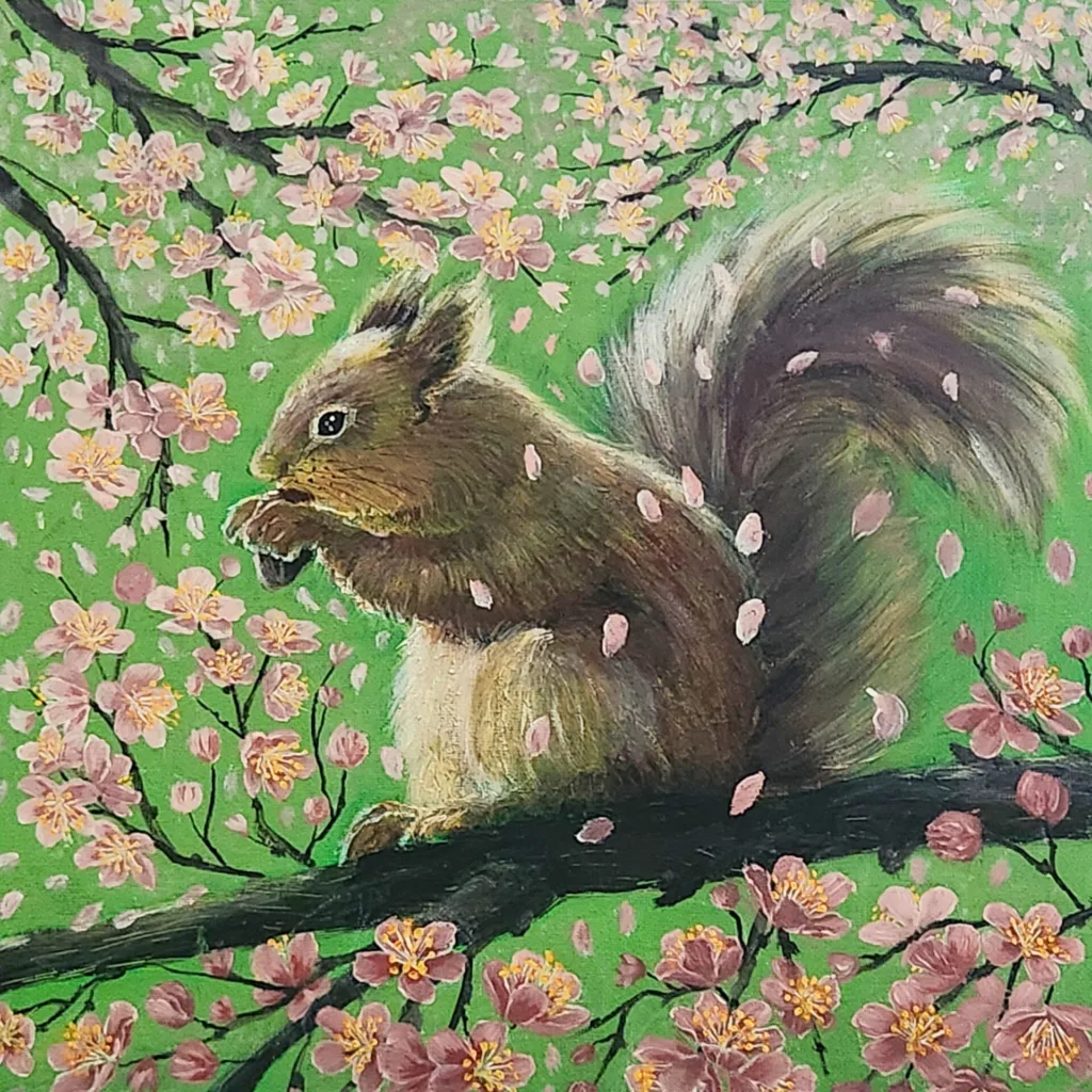 A Squirrel?s Daydream painting of a squirrel among pink cherry blossoms.