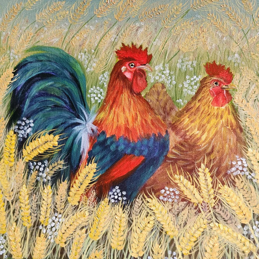 Harvest Daydream painting of a colourful rooster and hen in a golden wheat field.