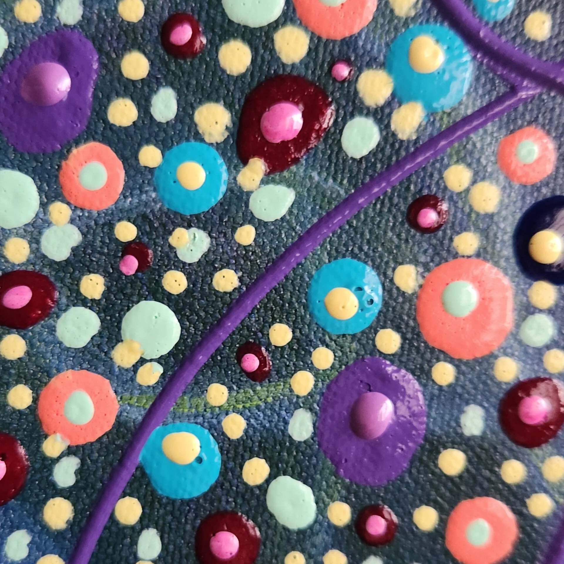 Danielle Art Original Acrylic and Oil Paintings Colorful dot painting with purple, blue, and coral circles.