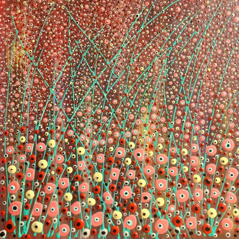 Atomic Nature 3 abstract painting with vibrant dots, stems and floral energy on a dark ground.