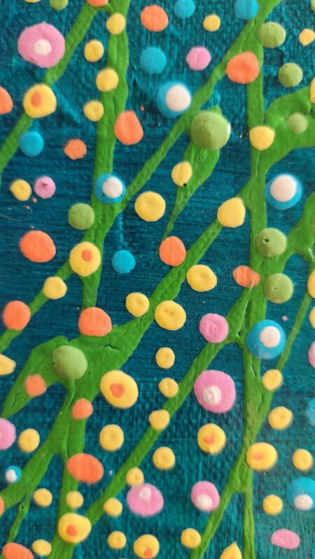 Danielle Art Original Acrylic and Oil Paintings Abstract art with colorful circles and green lines on a textured blue background.