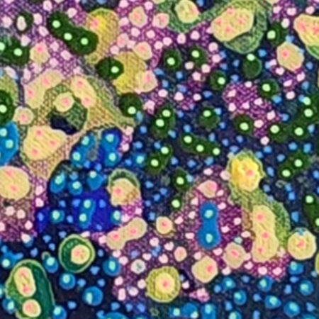 Danielle Art Original Acrylic and Oil Paintings Abstract painting with colorful dots in blue, green, yellow, and purple.