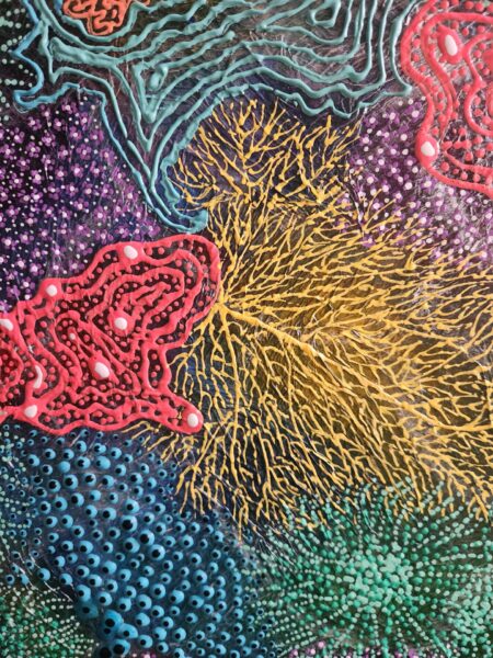 Danielle Art Original Acrylic and Oil Paintings Abstract art featuring colorful coral reef textures and patterns in blue, purple, yellow, and red.