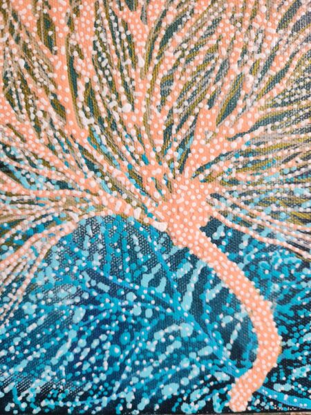 Danielle Art Original Acrylic and Oil Paintings Abstract painting of a coral-like tree with white dots on blue background by Danielle Siauw.