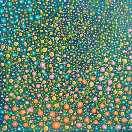 Danielle Art Original Acrylic and Oil Paintings Colorful pointillism painting with dots and lines on blue background, part of art collections.