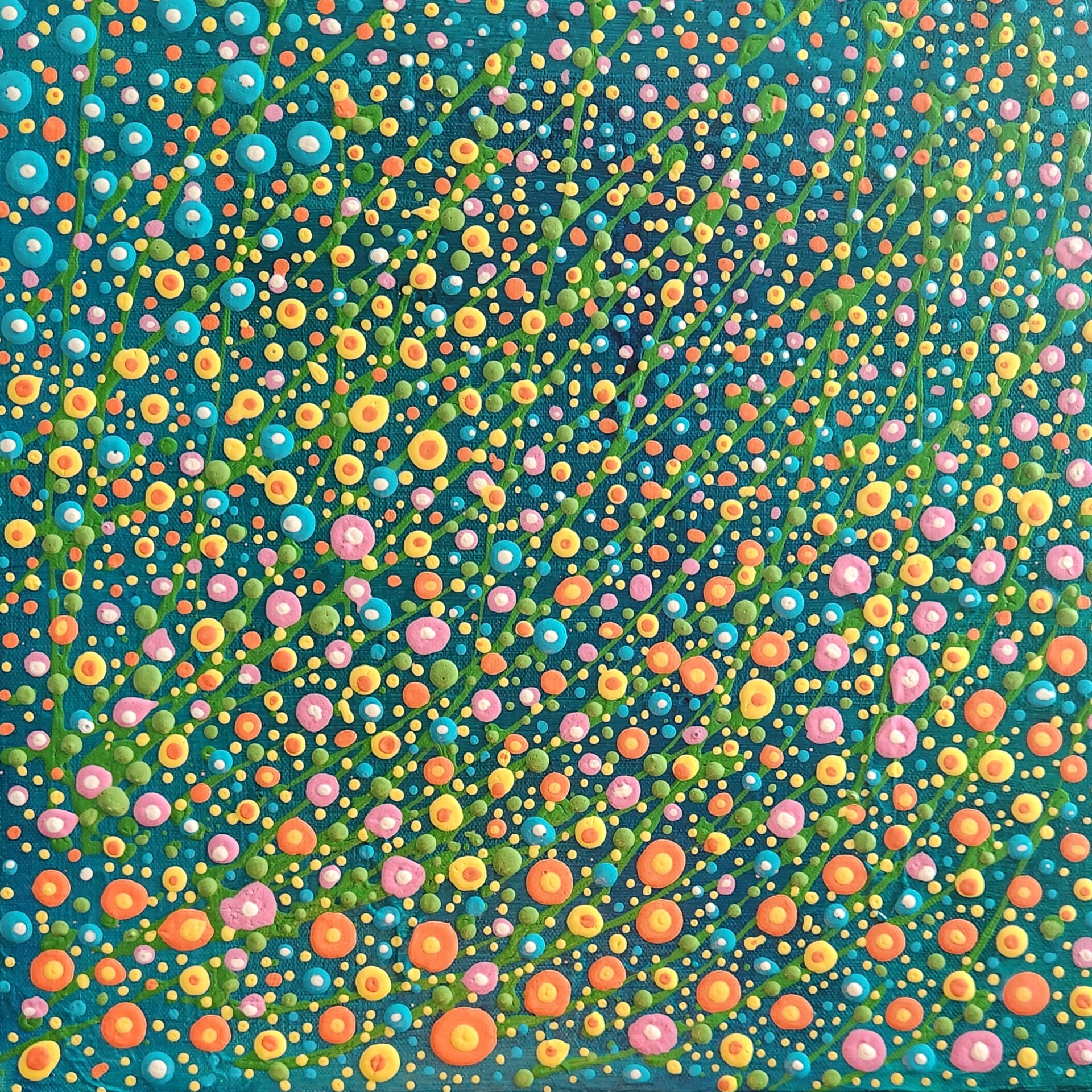 Danielle Art Original Acrylic and Oil Paintings Colorful pointillism painting with dots and lines on blue background, part of art collections.