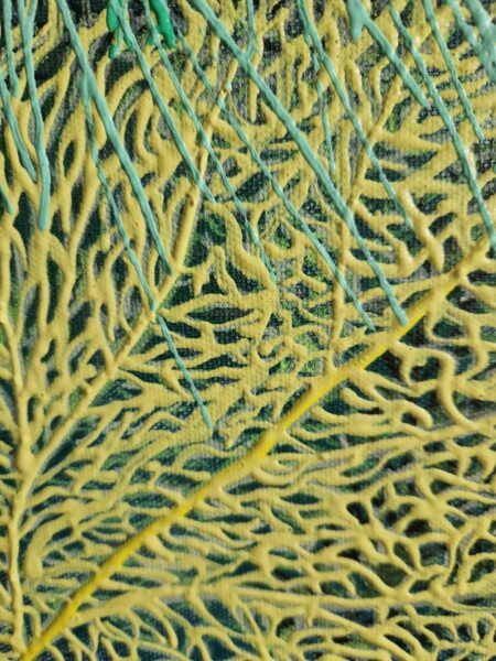 Danielle Art Original Acrylic and Oil Paintings Abstract painting with yellow and blue paint streaks on canvas.