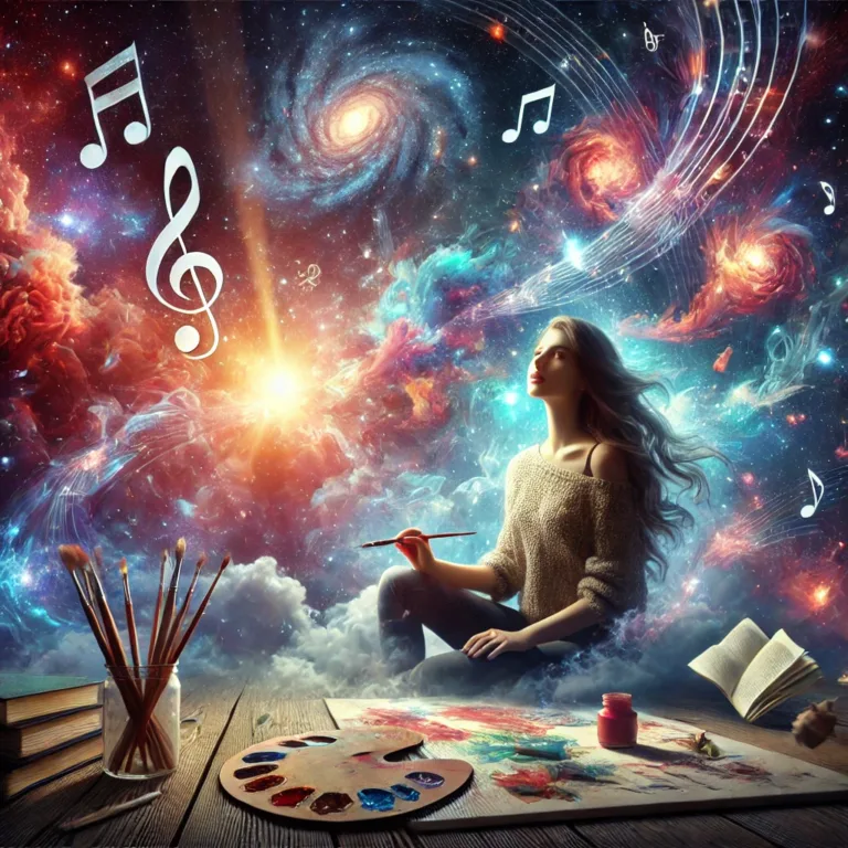 Danielle Art Original Acrylic and Oil Paintings Artist painting a galaxy with music notes, reflecting artistic inspiration and exploring emotions through art.