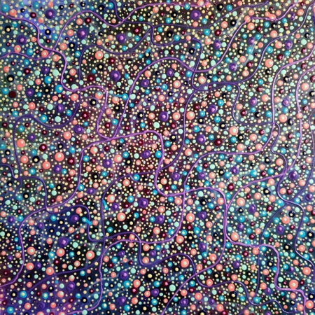 Danielle Art Original Acrylic and Oil Paintings Atomic Nature 1: Abstract painting featuring colorful dots and winding purple lines on a dark background.