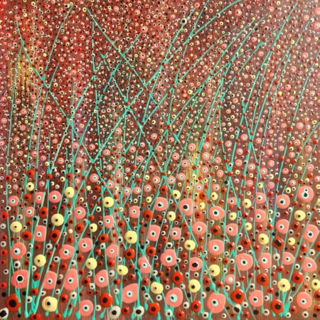 Danielle Art Original Acrylic and Oil Paintings Atomic Nature 3: Abstract painting with red, pink, yellow dots, and teal stems, creating a vibrant floral-like effect.