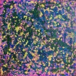 Atomic Nature 4 abstract painting with layered amoebic shapes, dots and bright blue, green, yellow and pink tones.