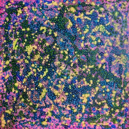 Danielle Art Original Acrylic and Oil Paintings Atomic Nature 4: Abstract art featuring dots, patterns, and a vibrant mix of blue, green, yellow, and pink hues.