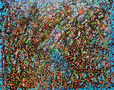 Danielle Art Original Acrylic and Oil Paintings Abstract painting, Atomic Nature 5 by Danielle Siauw. Colorful dots, green lines on blue create a vibrant, textured artwork.