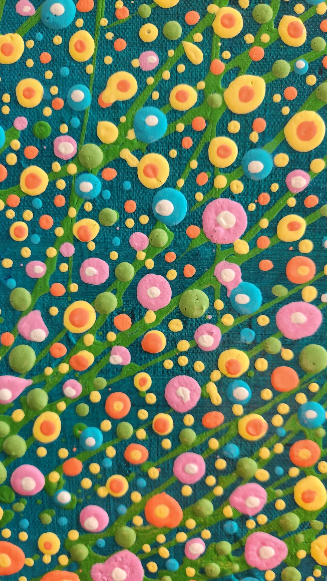 Danielle Art Original Acrylic and Oil Paintings Colorful abstract art with dots and lines on a teal background. A textured, vibrant painting.