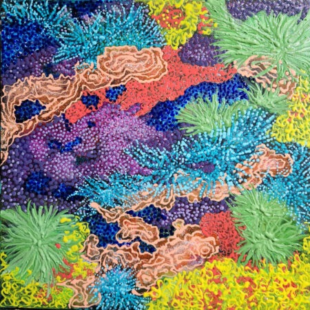 Danielle Art Original Acrylic and Oil Paintings Coral Symphony 1: Abstract painting of a vibrant coral reef with blue, purple, green, yellow, and red textures.