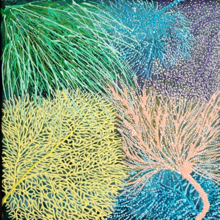 Danielle Art Original Acrylic and Oil Paintings Coral Symphony 2: Abstract painting featuring colorful coral formations in green, yellow, pink, blue, and purple hues.