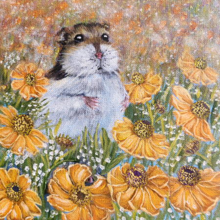 Danielle Art Original Acrylic and Oil Paintings Hamster's Daydream: Painting of a hamster surrounded by orange flowers and white wildflowers.