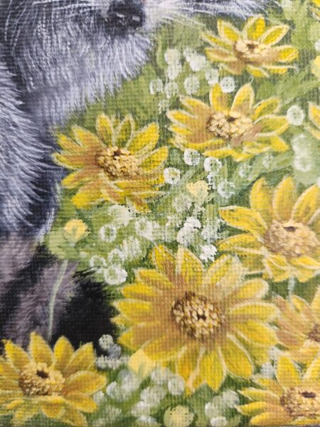 Danielle Art Original Acrylic and Oil Paintings Painting of yellow sunflowers and a gray raccoon