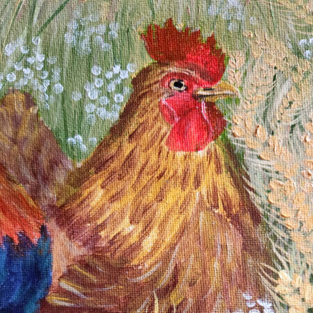 Danielle Art Original Acrylic and Oil Paintings Painting of a golden rooster with a red comb, standing amongst wheat and white flowers.