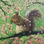 A Squirrel?s Daydream painting of a squirrel among pink cherry blossoms.