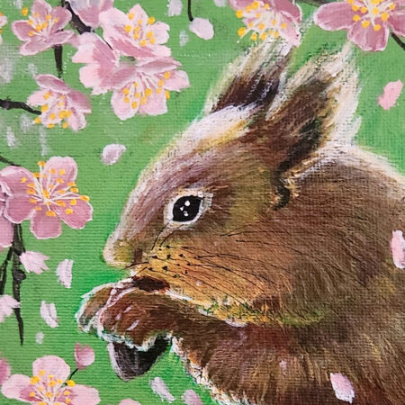 Danielle Art Original Acrylic and Oil Paintings Squirrel eating under blossoming cherry tree, acrylic painting by Danielle Siauw