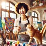 Danielle Art Original Acrylic and Oil Paintings Happy artist with cat in sunlit studio surrounded by colorful paintings.