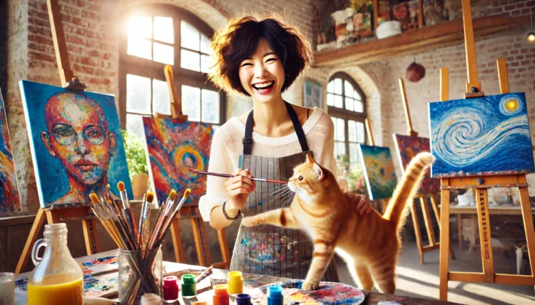 Danielle Art Original Acrylic and Oil Paintings Happy artist with cat in sunlit studio surrounded by colorful paintings.