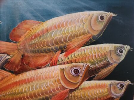 Danielle Art Original Acrylic and Oil Paintings Painting of a group of vibrant golden Arowana fish swimming together in a dark blue background