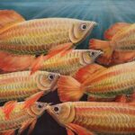 Golden Arowanas fish painting with shimmering golden fish swimming through light-filled water.