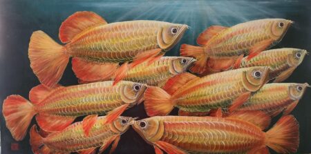 Danielle Art Original Acrylic and Oil Paintings Painting of a school of golden Arowana fish, showcasing contemporary art exhibition