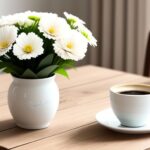 Danielle Art Original Acrylic and Oil Paintings White daisies in a vase next to a cup of coffee on a wooden table.