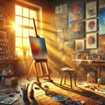 Danielle Art Original Acrylic and Oil Paintings Sunlit artist's studio with easels, paintings, and creative clutter, reflecting self-motivation and artistic journey.
