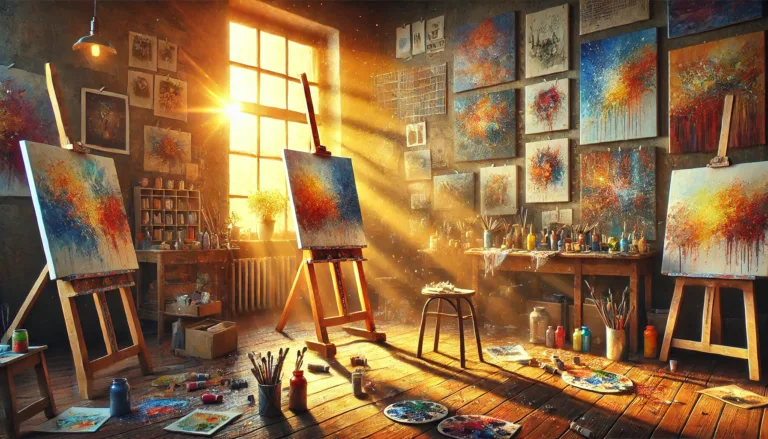 Danielle Art Original Acrylic and Oil Paintings Sunlit artist's studio with easels, paintings, and creative clutter, reflecting self-motivation and artistic journey.